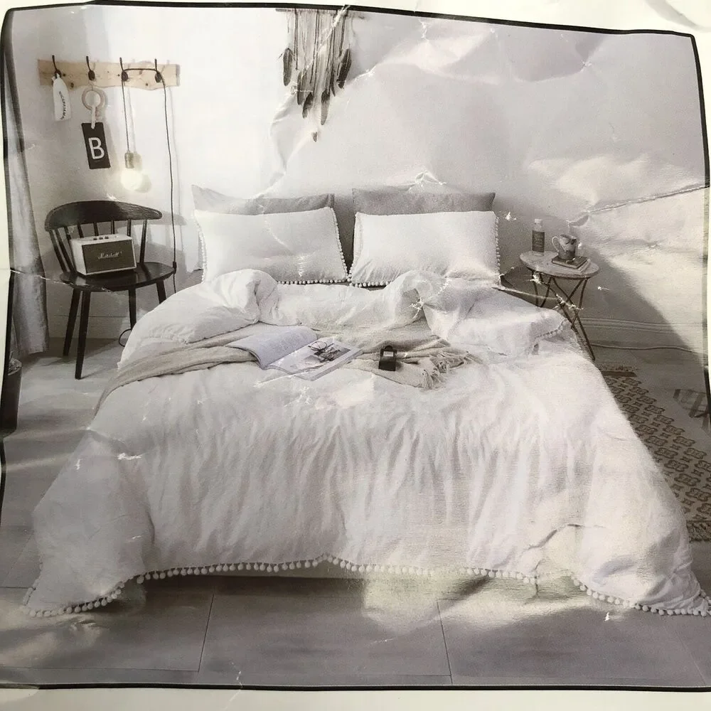 JANZAA DUVET COVER Sham Queen White Pom Ball Zipper Polyester Bed Bedroom